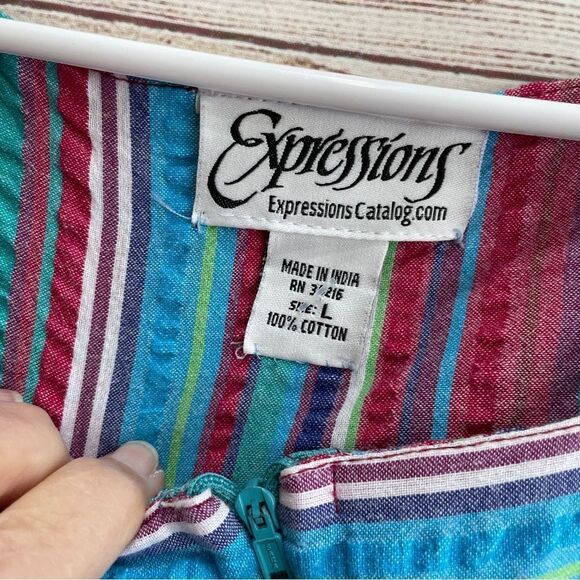 VINTAGE EXPRESSIONS SEERSUCKER PATIO/HOUSE DRESS/ROBE IN MULTICOLOR STRIPES - Picture 5 of 5